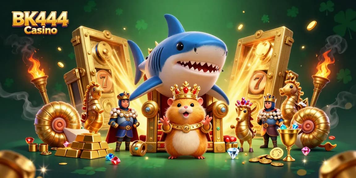 Experience thrilling wins at BK444 Casino with a vibrant scene of a golden hamster king and casino treasures.