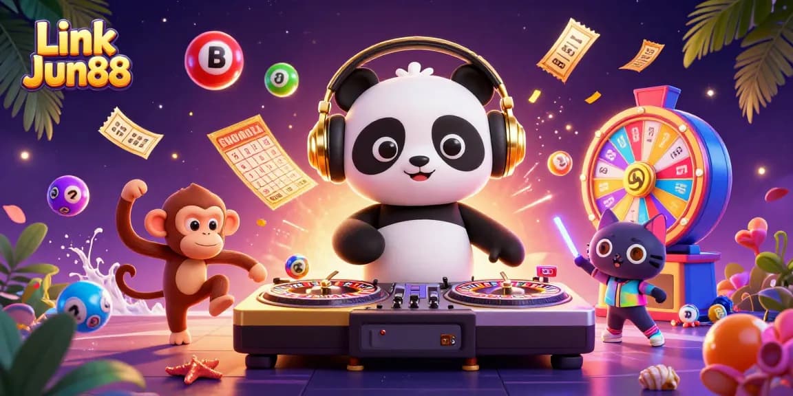Engage with exciting gaming at Link Jun88 with a vibrant scene of a DJ panda and animated characters!