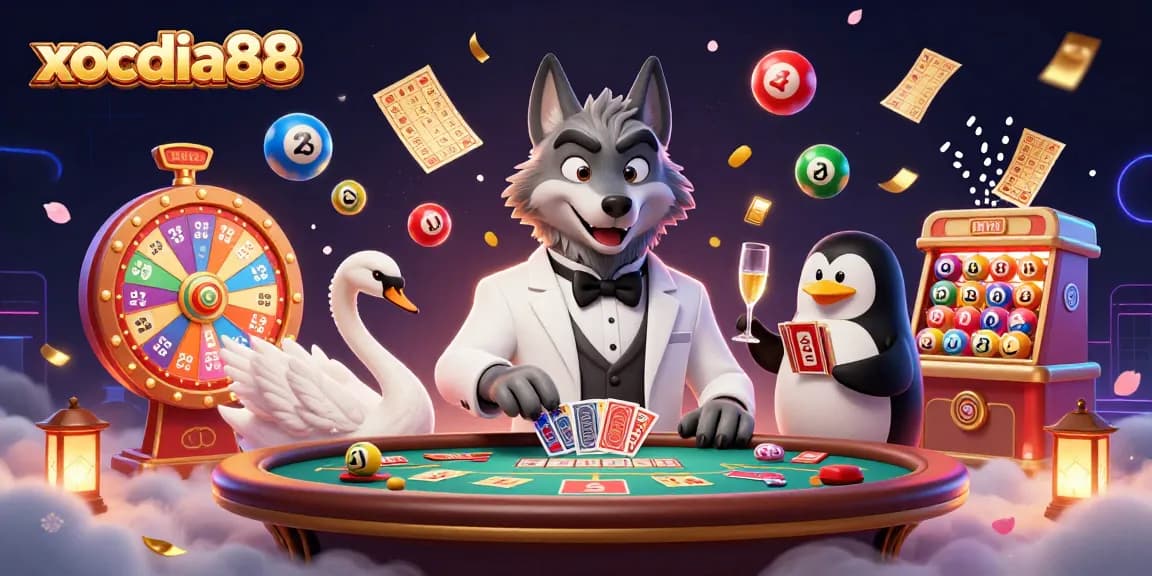 Play thrilling games at xocdia88 with a vibrant casino scene featuring animated characters and rich visuals.