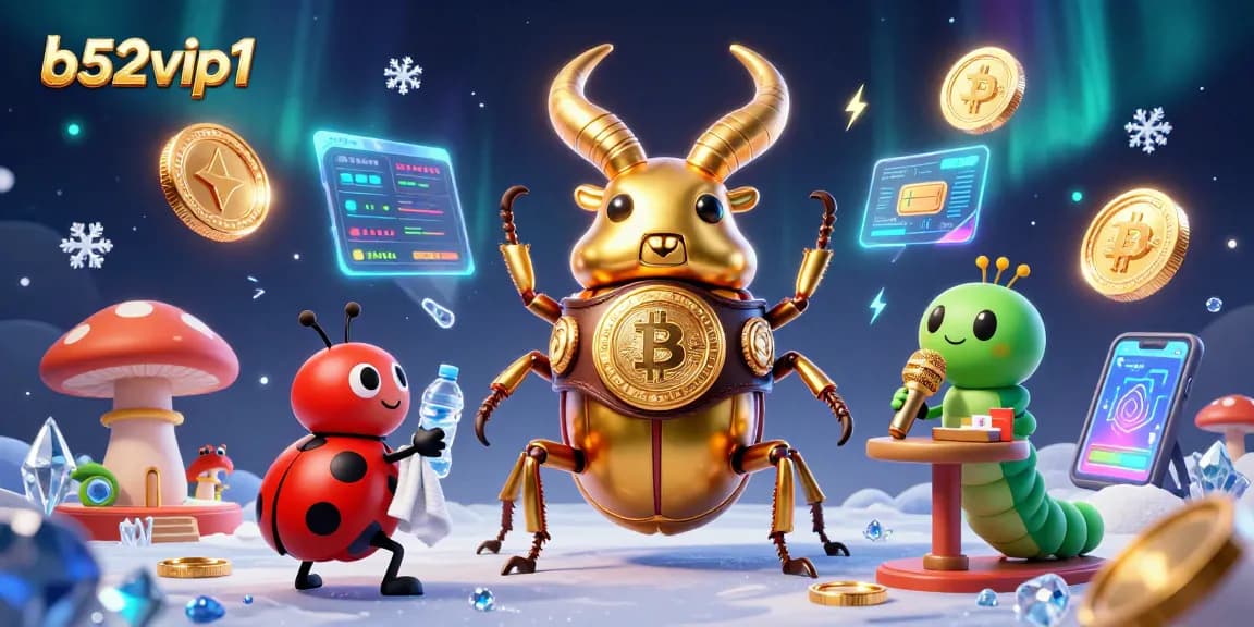b52vip1 features a colorful scene with a giant golden stag beetle and ladybug, showcasing vibrant casino elements.