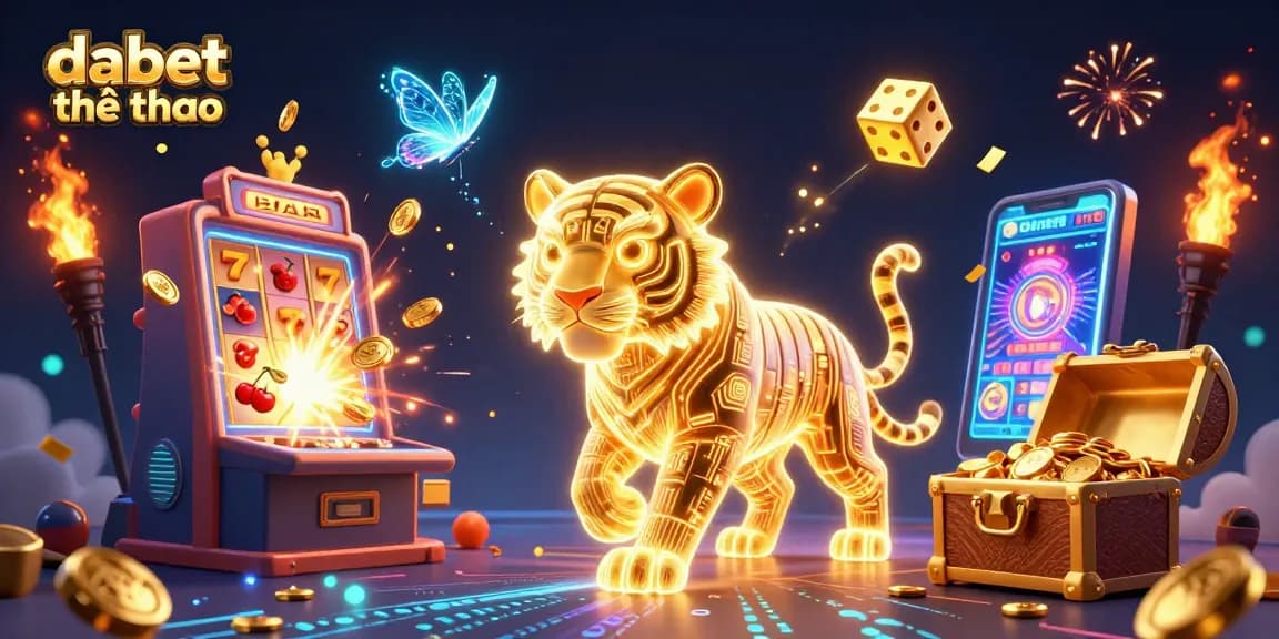dabet thể thao showcases vibrant betting excitement with a glowing golden tiger and thrilling sports symbols.