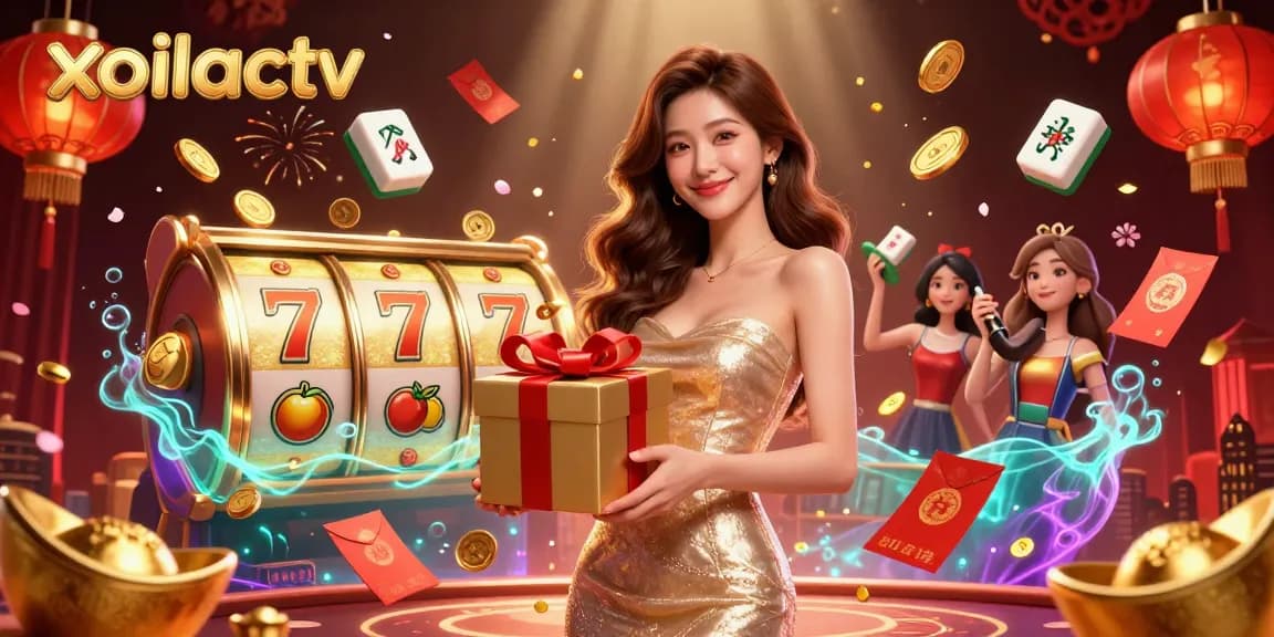 Xoilactv offers a vibrant casino theme, showcasing a beautiful woman surrounded by slot elements and festive decorations.