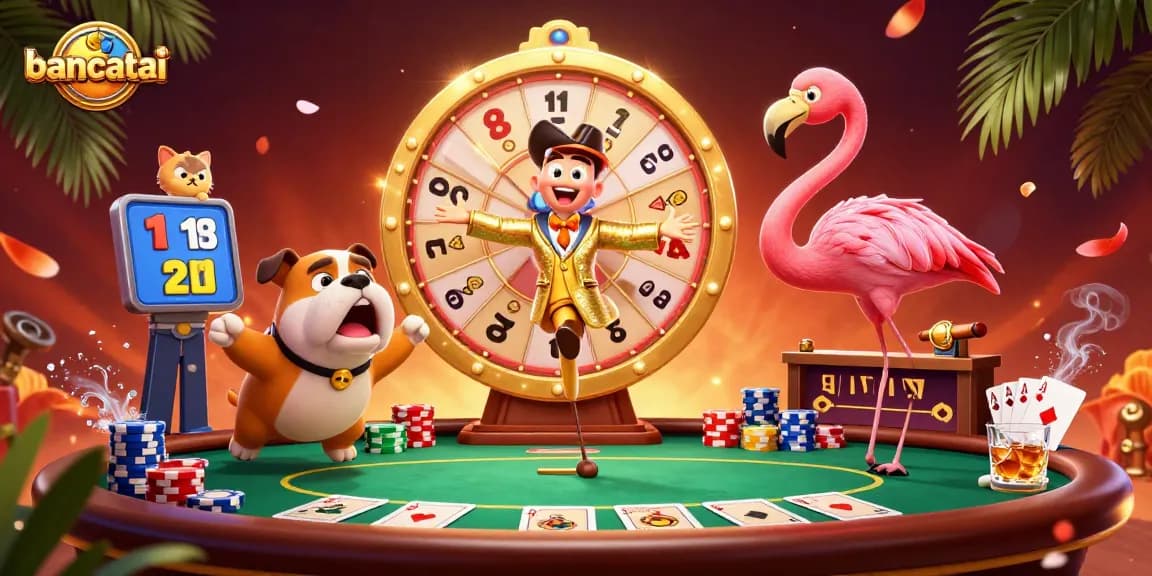 Bancatai showcases an exciting casino scene with animated characters and vibrant poker elements.