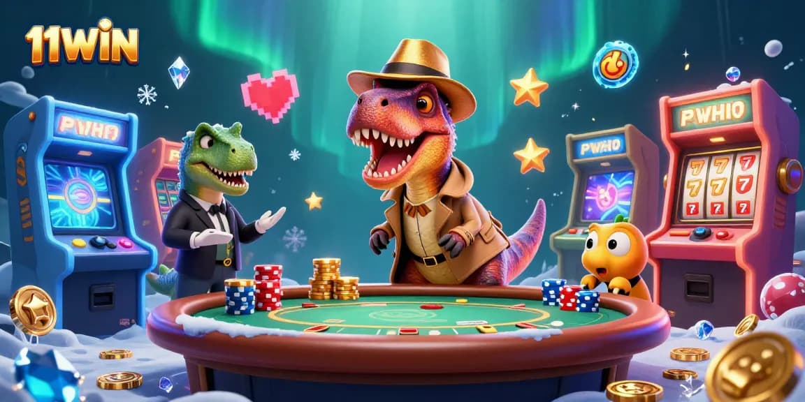 Engage in thrilling casino action with 11WIN's dynamic velociraptor card counter illustration.