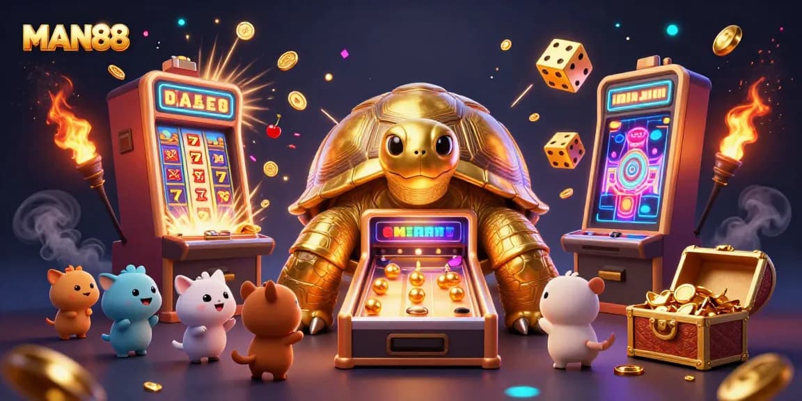 Experience thrilling gaming with MAN88 as tiny animals enjoy the pinball tortoise and slot machine wonders.