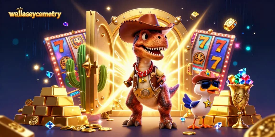 Bet on wallaseycemetery with a cowboy dinosaur in a casino packed with gold and slot reels.
