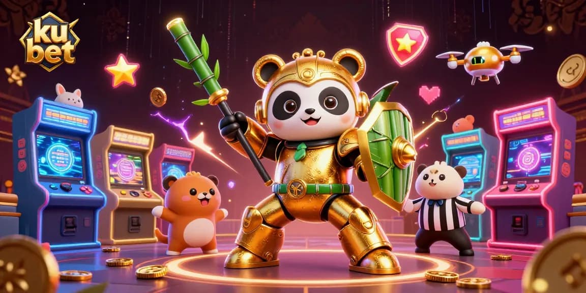 Engage in thrilling action with ku bet, featuring a mech-suit panda in an exciting gaming arena.
