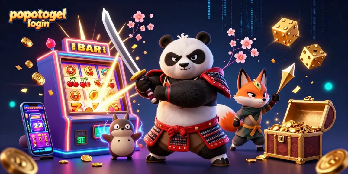 Experience the thrill of popotogel login with vibrant samurai panda, ninja fox, and jackpot elements.