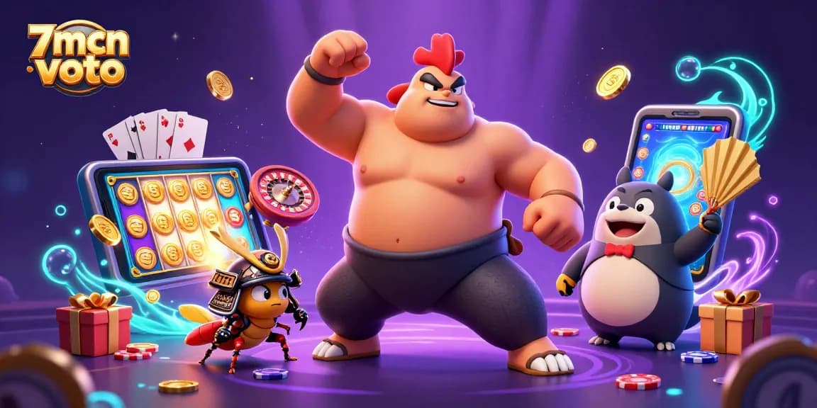 Engage in thrilling gameplay with 7mcn voto as characters celebrate wins amidst vibrant casino elements.