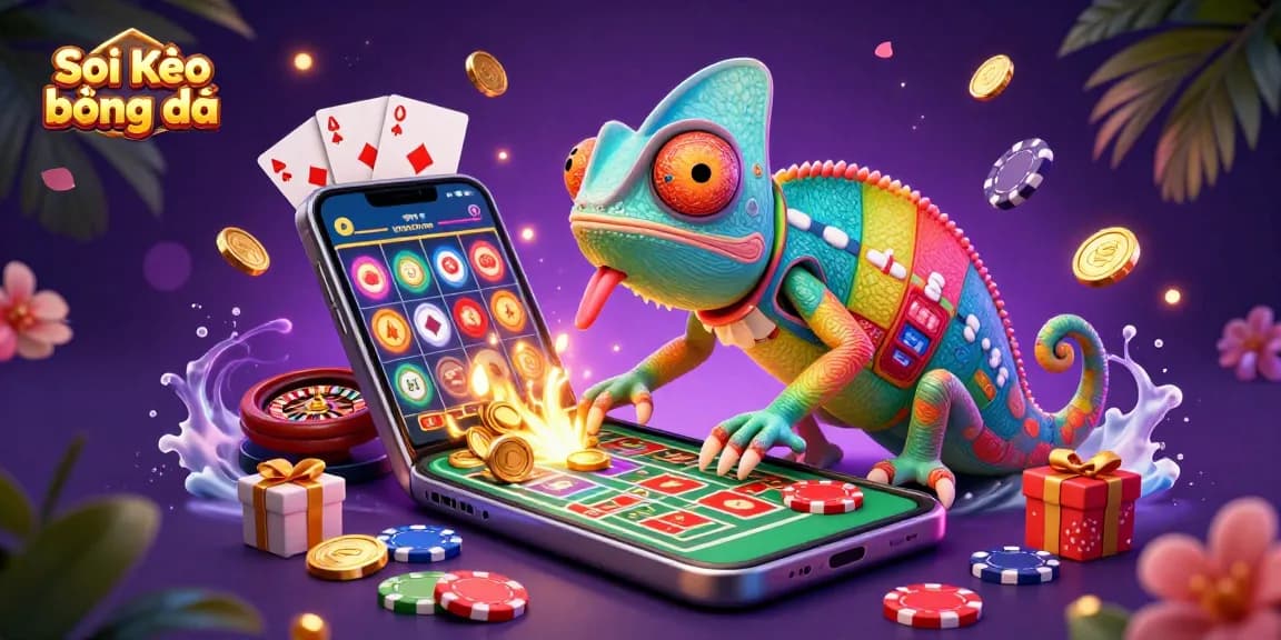 Soi Kèo bóng đá thrilling scene featuring a chameleon casino owner, dynamic betting elements, and golden coins