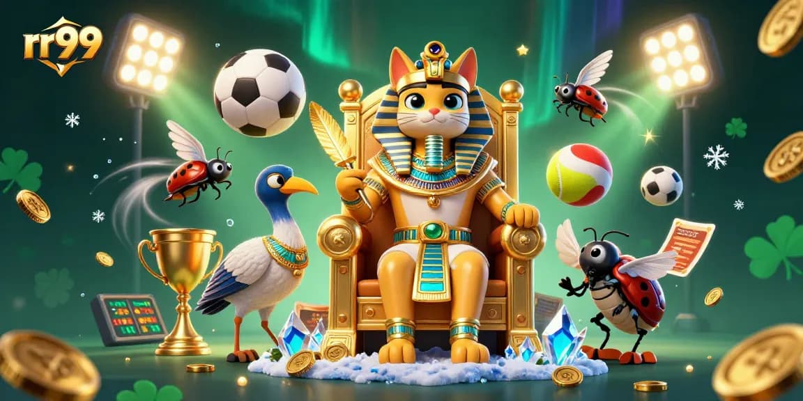 Bet on exciting games at rr99 with a vibrant 3D illustration featuring Egyptian elements and sports.