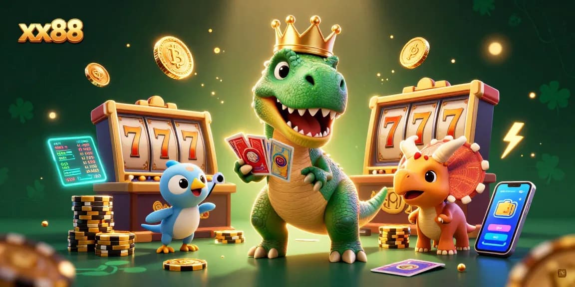 Engage with xx88's vibrant 3D casino illustration showcasing exciting card games and crypto elements.