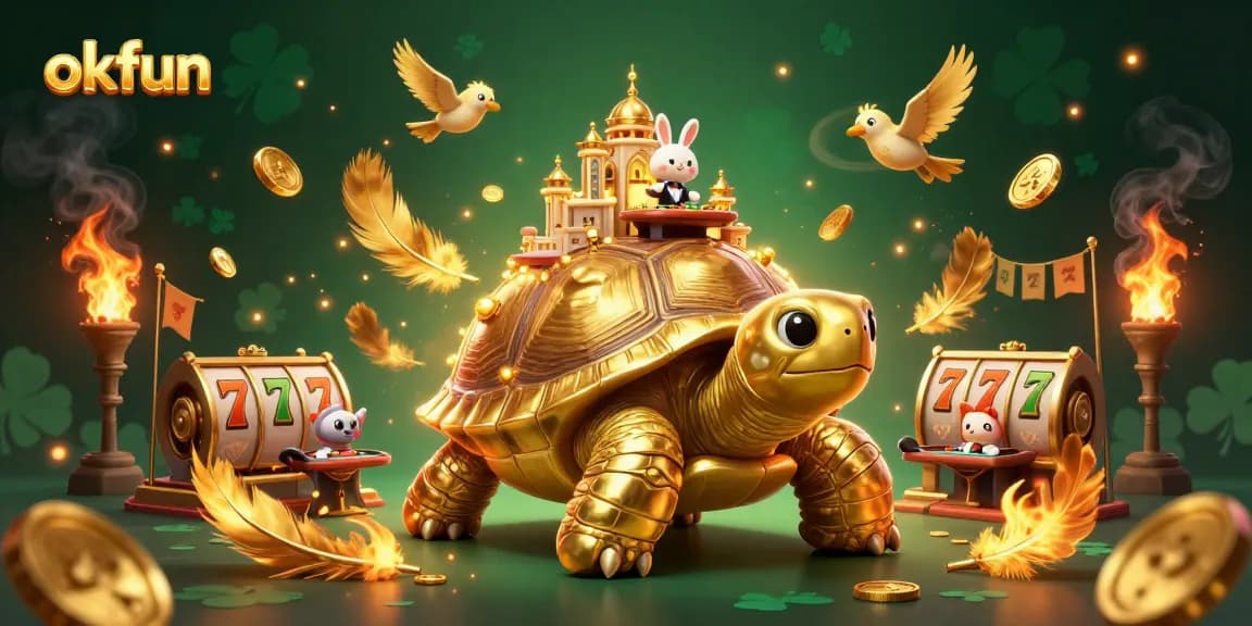 Experience thrilling slot action with okfun in a vibrant 3D casino scene featuring a tortoise and dealer.