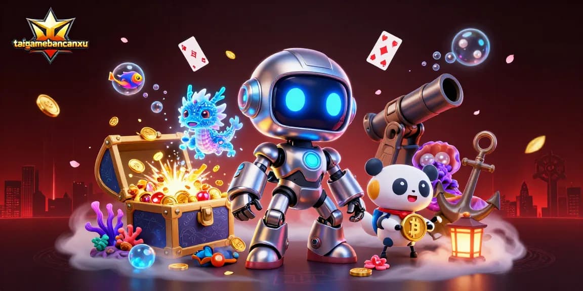 Engage in thrilling gameplay with taigamebancaanxu's dynamic casino scene featuring a vibrant robot, AI dragon, and bitcoin drone.