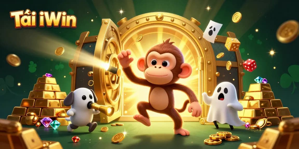 Tải iWin with a mischievous monkey juggling coins in a vibrant casino scene.