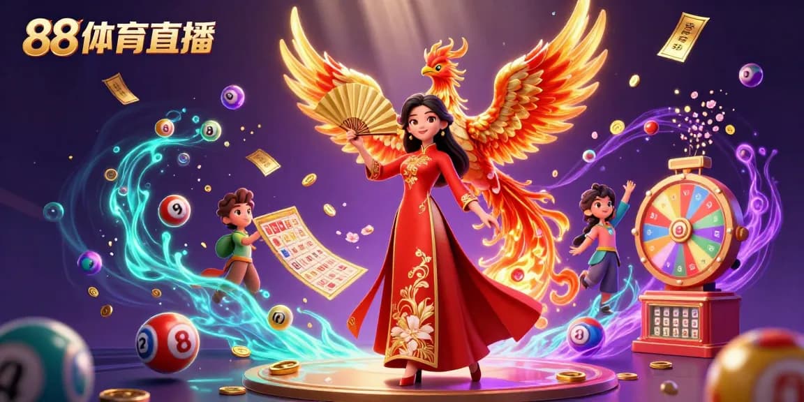 88体育直播 showcases dynamic lottery elements and cultural symbols in an engaging casino illustration.