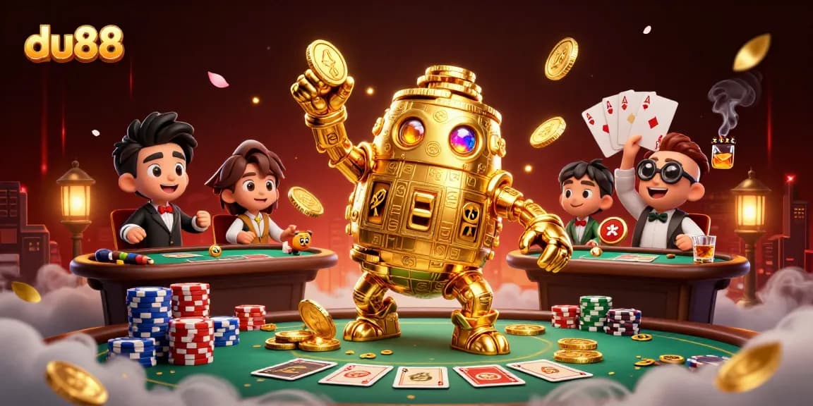 Engage with du88 as golden golem spins surrounded by poker elements in a rich 3D scene.