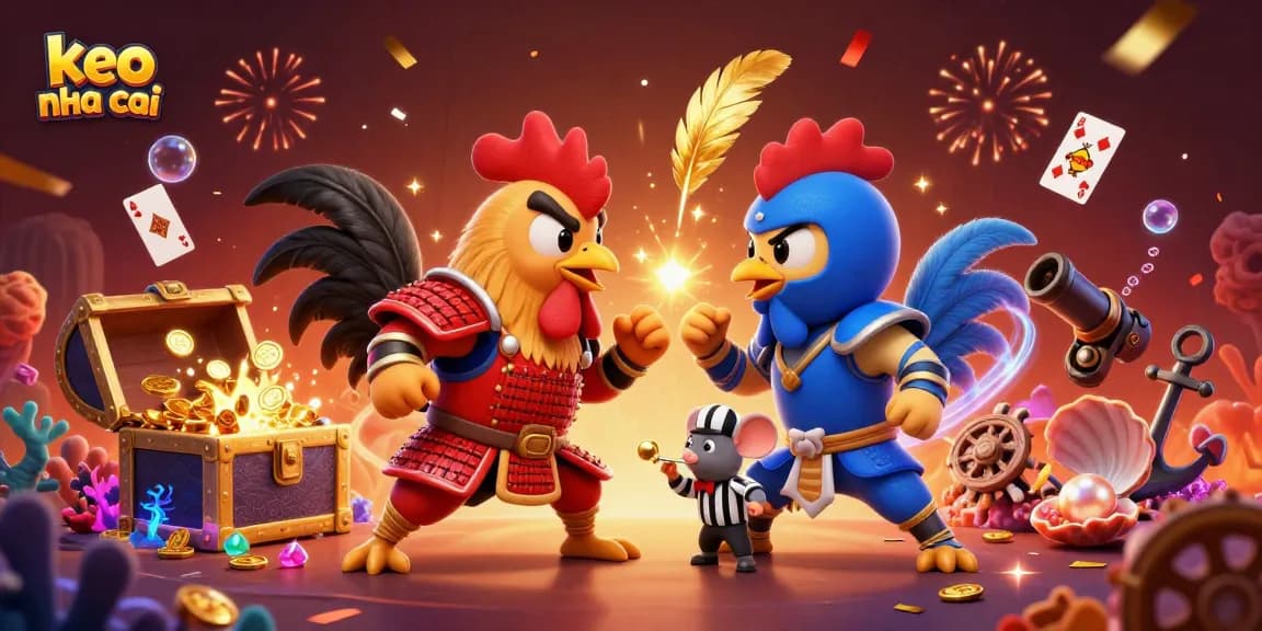 Engage in thrilling keo nha cai action with stunning cartoon roosters in a dynamic standoff