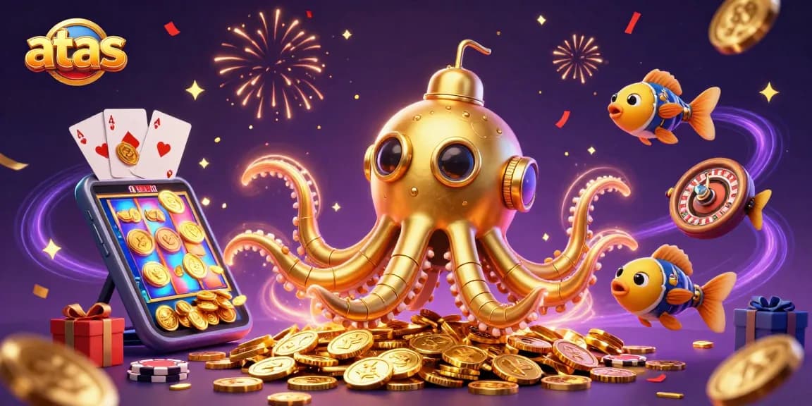 Experience the excitement at atas casino with the colorful, 3D underwater themed illustration featuring gaming elements.