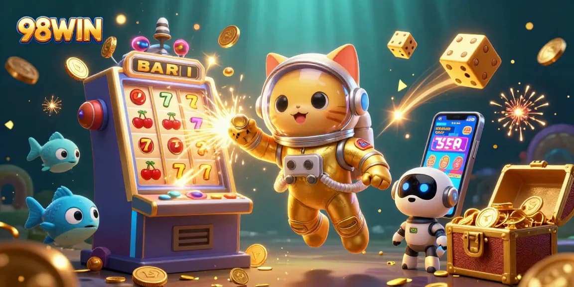 Engage with exciting gaming action at 98WIN featuring a vibrant 3D casino scene filled with rewards.