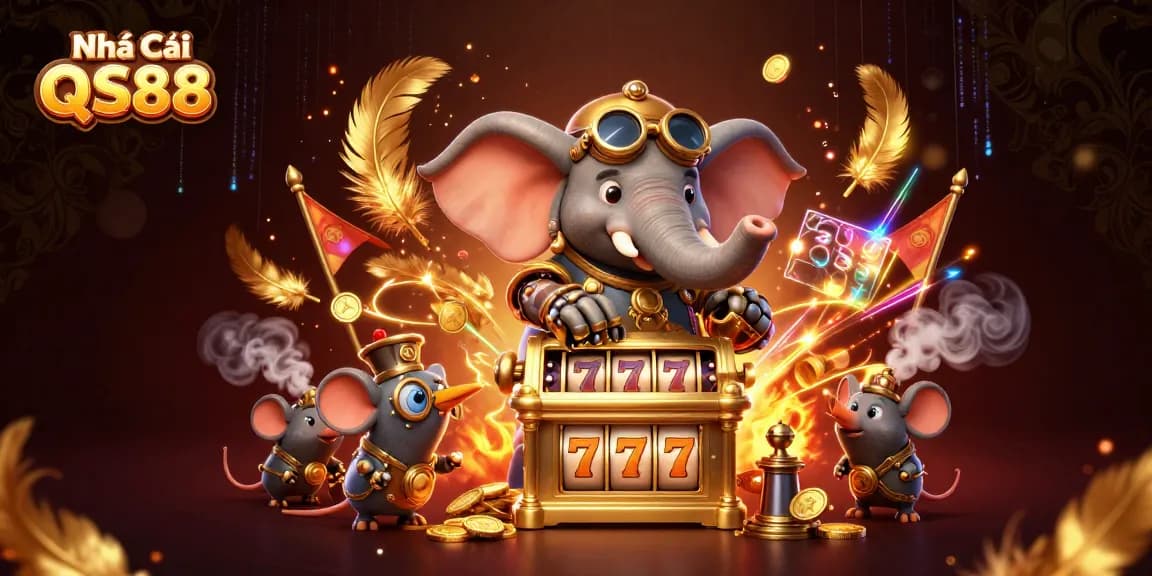 Experience exciting gameplay at Nhà Cái QS88 with a steampunk elephant engineer, golden slot machines, and vibrant casino elements.