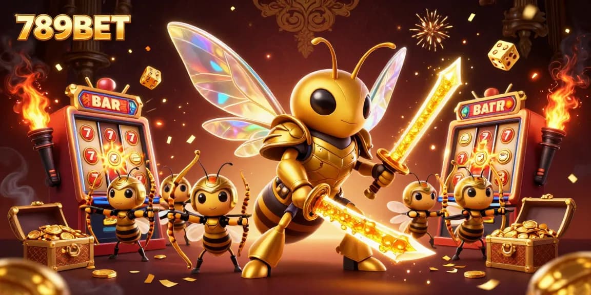 Engage with the vibrant 789BET casino universe featuring a golden hornet samurai and thrilling slot machines.