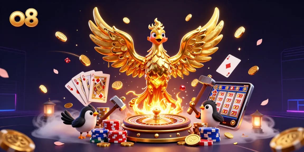 Spin exciting reels and experience fortune at o8's vibrant casino illustration featuring a phoenix.