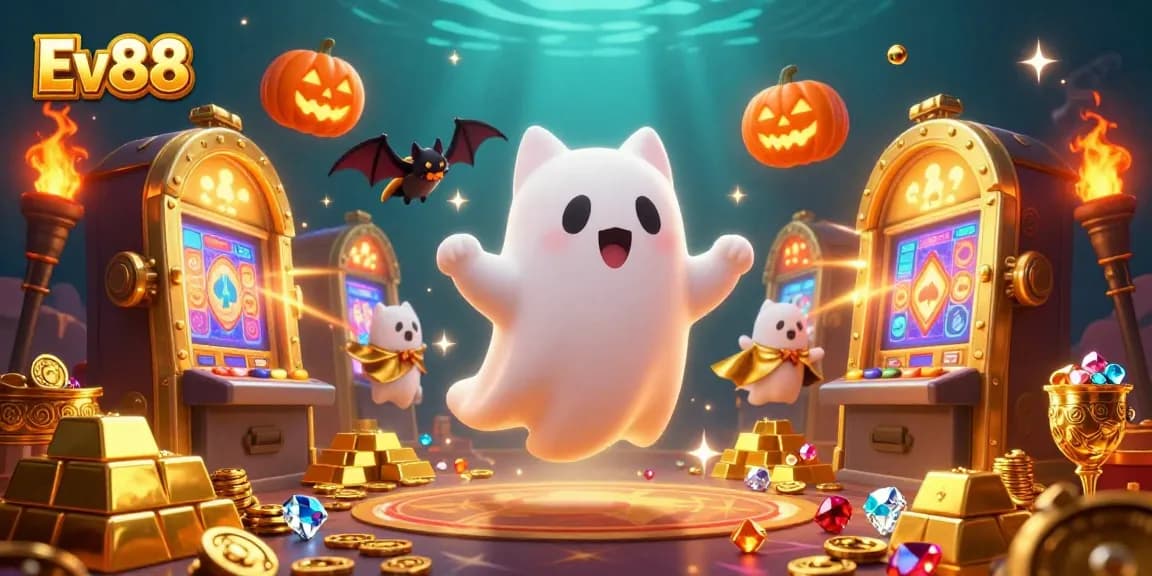 Experience the excitement of Ev88 with a fun casino scene featuring a ghost cat and treasure.
