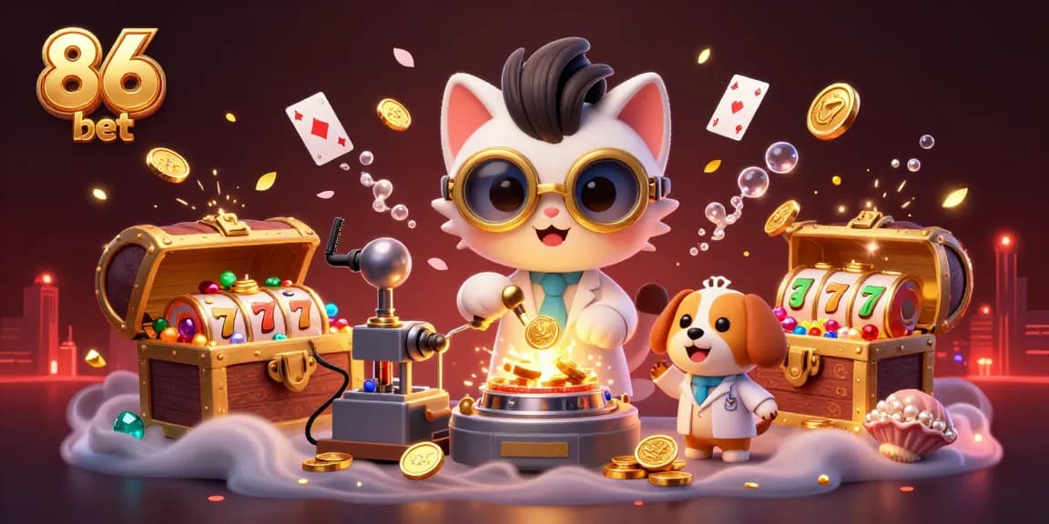 Engage with the thrilling world of 86 bet casino games, featuring a vibrant scene of a cartoon scientist and assistant.