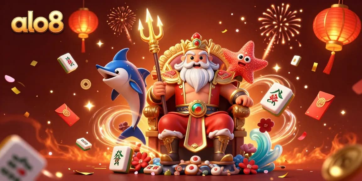 Play and win on alo8 - witness an exciting 3D casino scene with vibrant characters and festive elements.