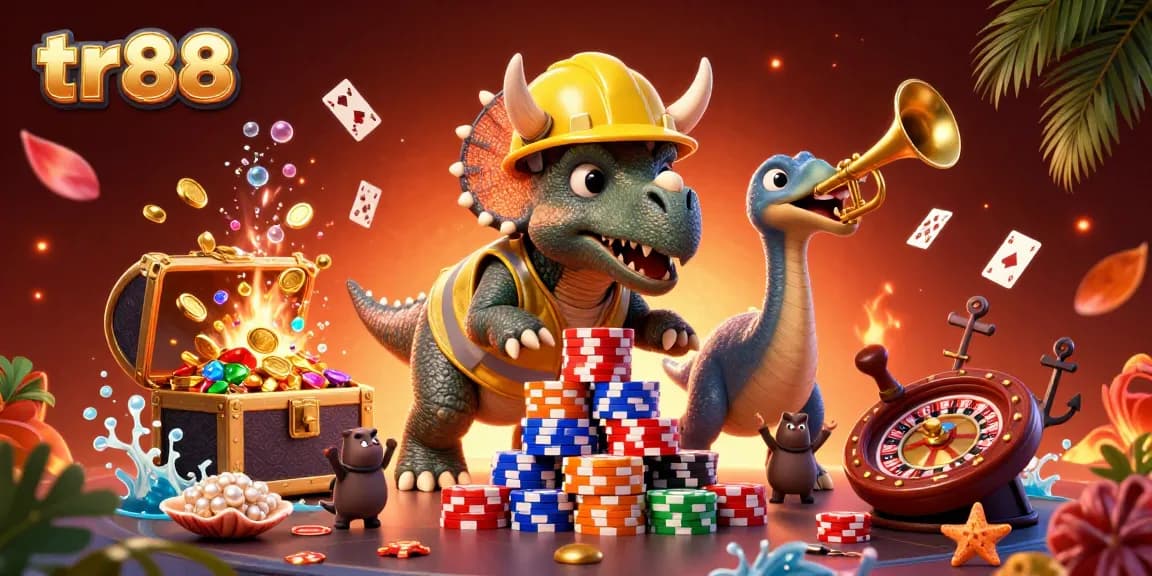 Cheerful triceratops builds a poker chip pyramid at tr88, celebrating winnings with a parasaurolophus.