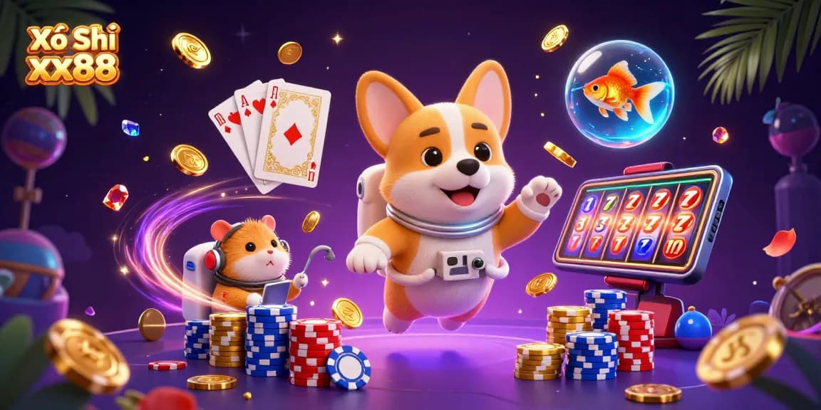 Xổ Số xx88 floating gaming scene with cartoon characters in a vibrant casino setting.