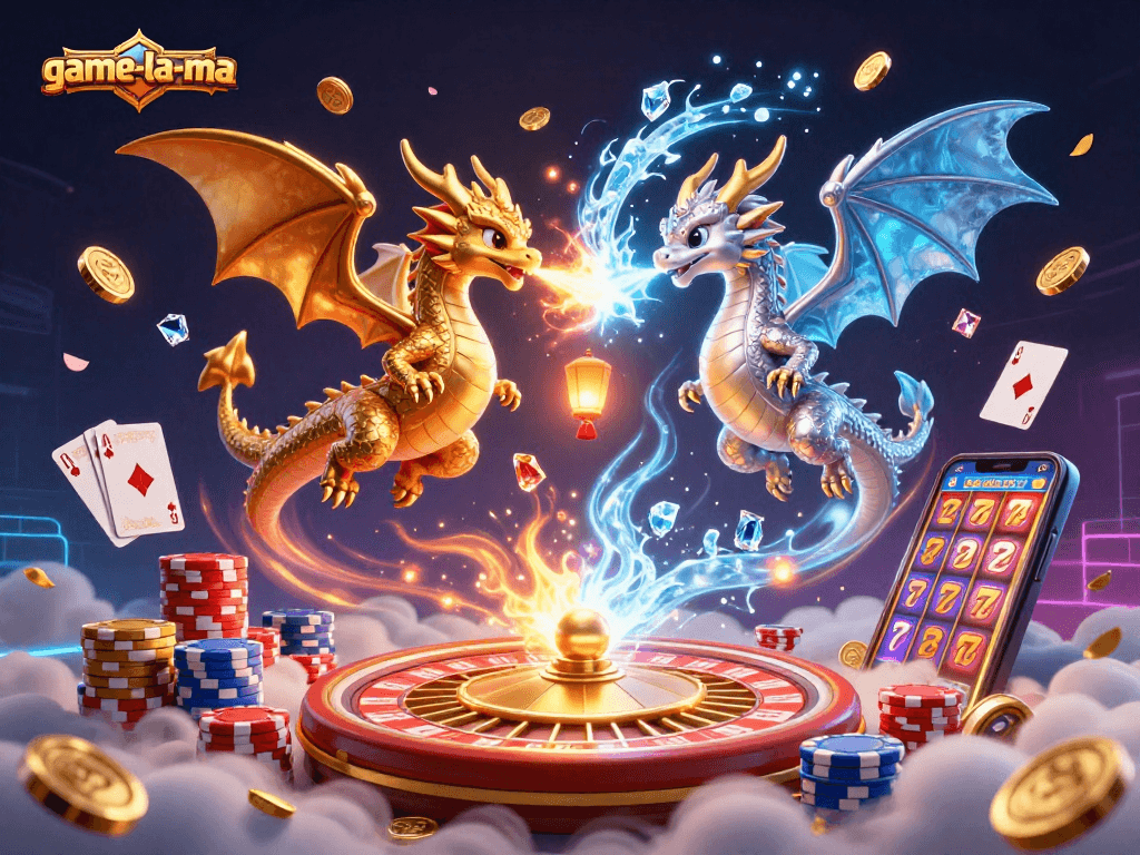 Experience the dynamic battle of game-la-ma's dragons in this engaging casino-themed 3D illustration.