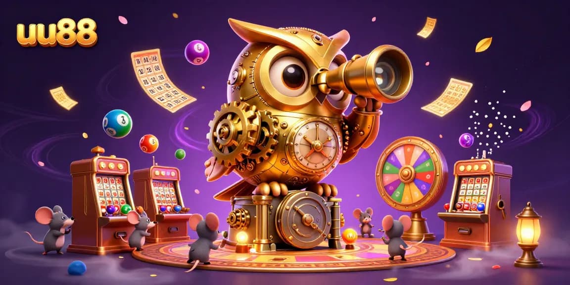 Experience the excitement of uu88 with a golden owl overseeing casino games and lottery fun.