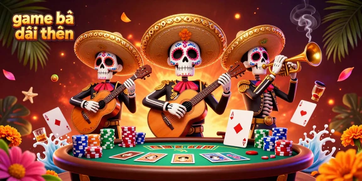 Engage with game bài đổi thưởng at a vibrant casino scene featuring skeleton mariachis and poker elements.