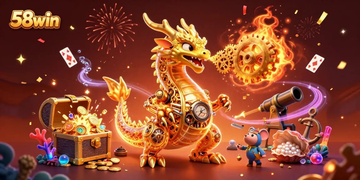 Experience the thrilling world of 58win with a golden dragon, treasure chests, and celebrating confetti!