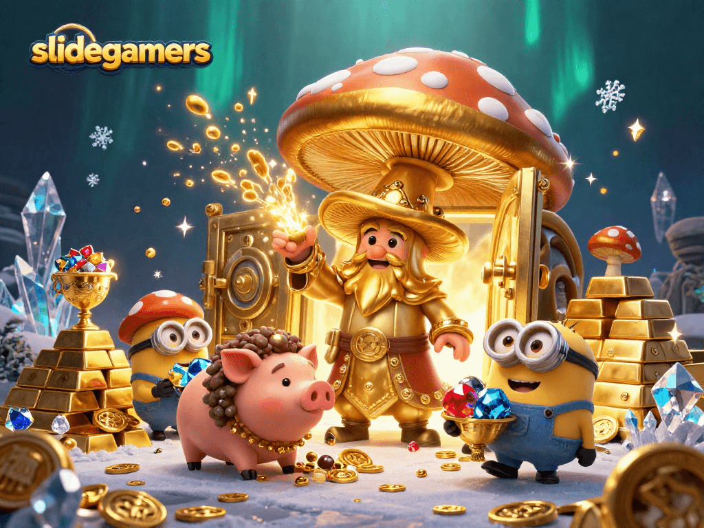 slidegamers unlock treasures with a golden wizard in a magical casino world of gems and wealth