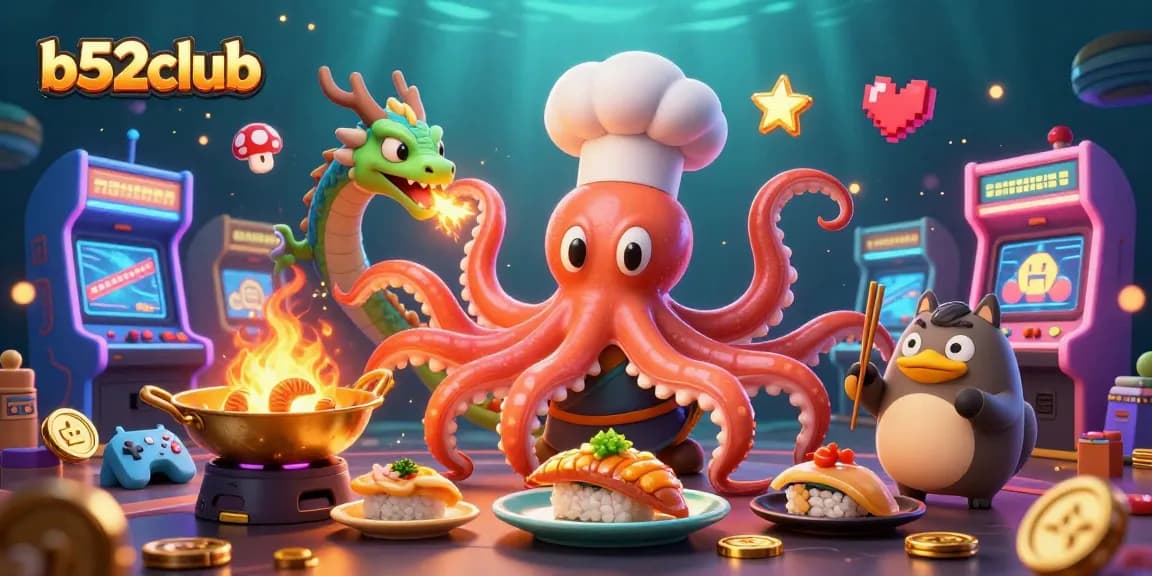 Experience the vibrant world of b52club where a sushi chef octopus creates appealing dishes amidst lively gambling elements.