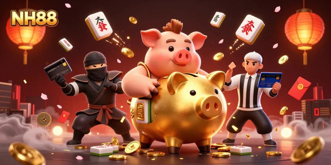 Spin the reels and win with NH88: Cartoon illustration of gaming characters in a vibrant casino action scene.