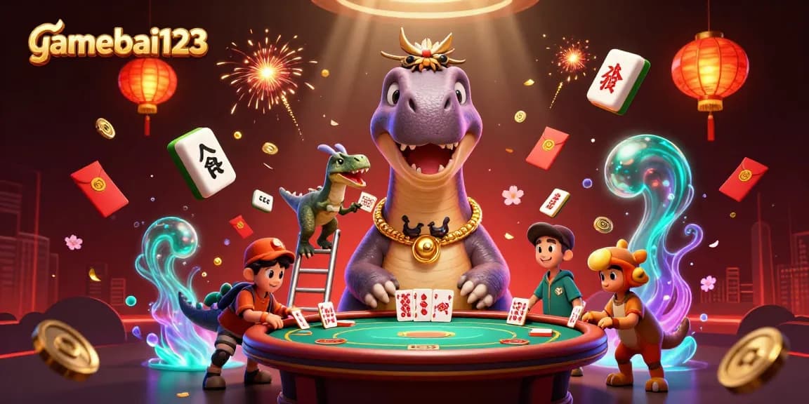 Experience thrilling gameplay with gamebai123's vibrant casino scene featuring giant characters and festive elements.