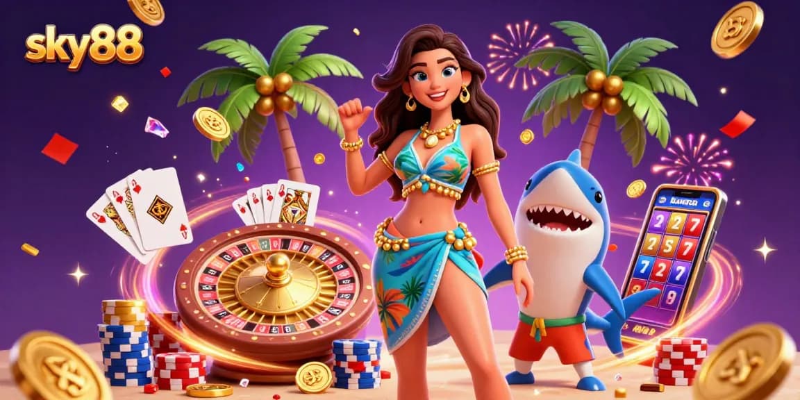 Engage in thrilling games at sky88 with vibrant visuals of a lively casino scene.