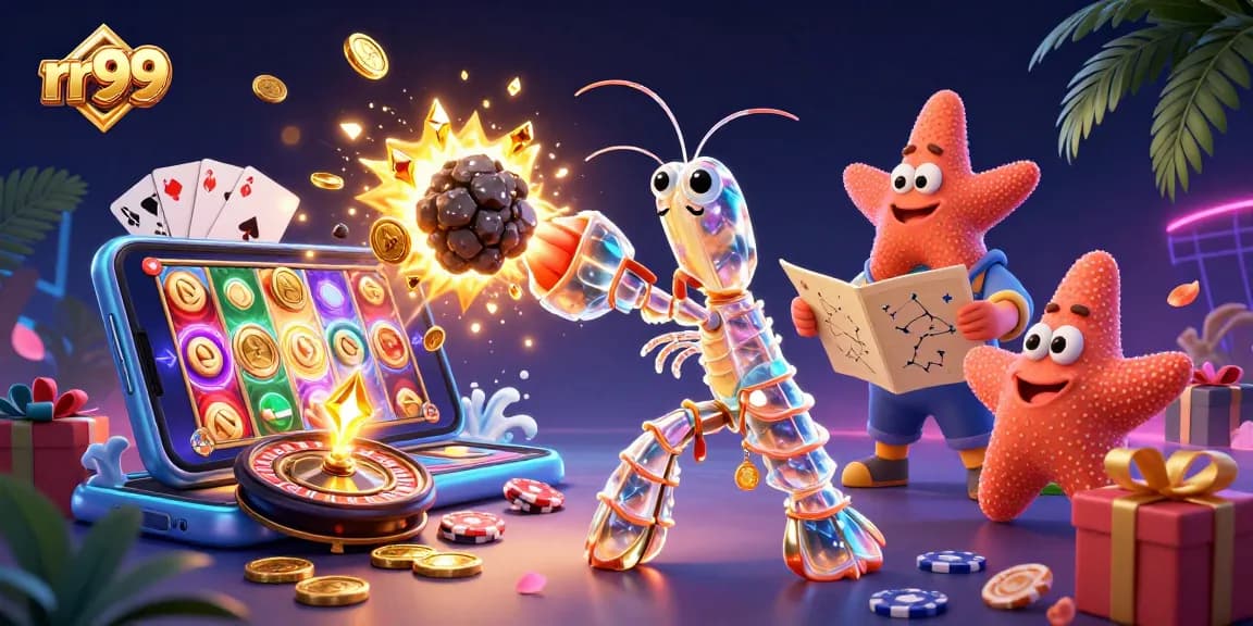 Experience rr99's thrilling casino ambiance with vibrant 3D gaming elements and characters.