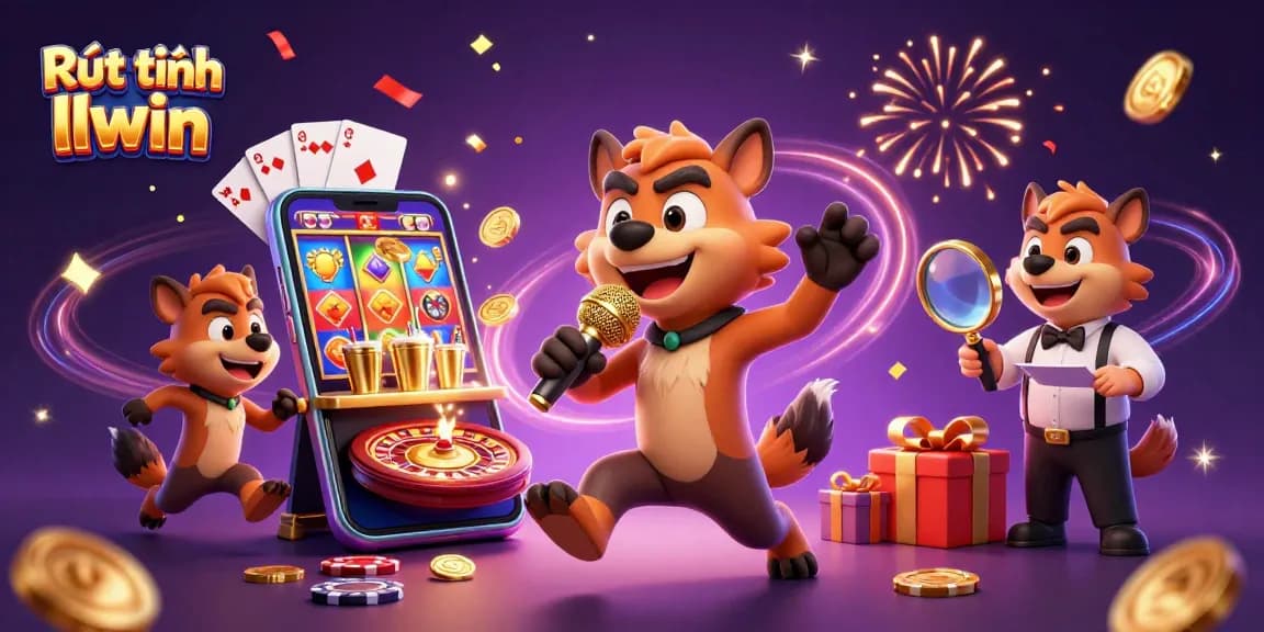 Engage with Rút tiền llwin through a vibrant, comedy-themed casino scene featuring playful hyenas and dynamic gaming elements.