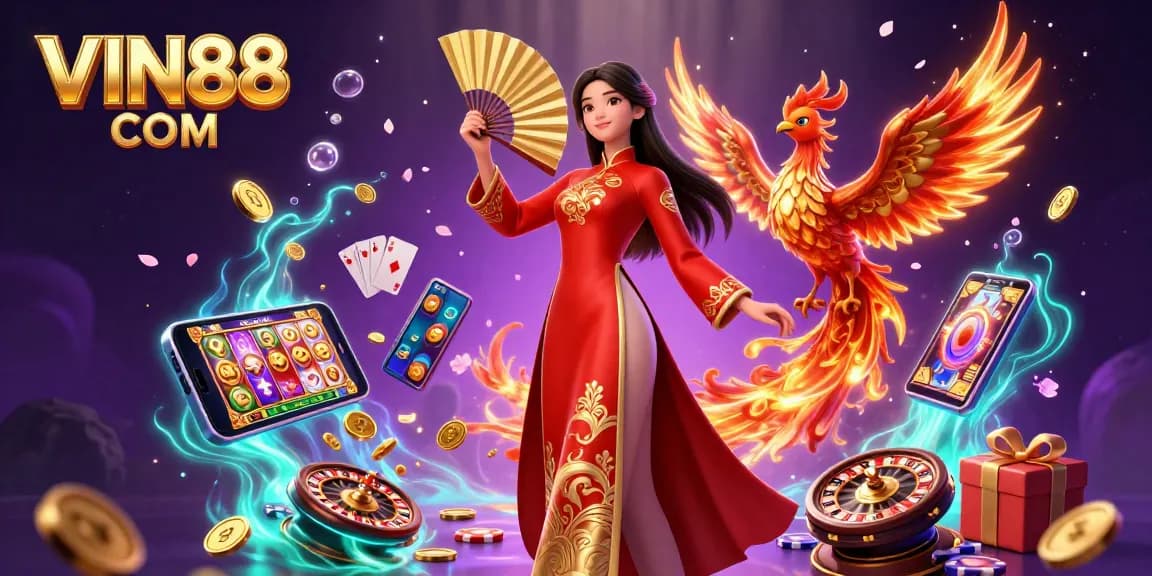 Experience thrilling slot games with VIP rewards at VIN88 COM in a vibrant 3D illustration