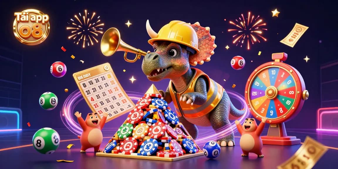 Tải app o8 to enjoy an exciting casino experience with vibrant lottery elements and animated characters.