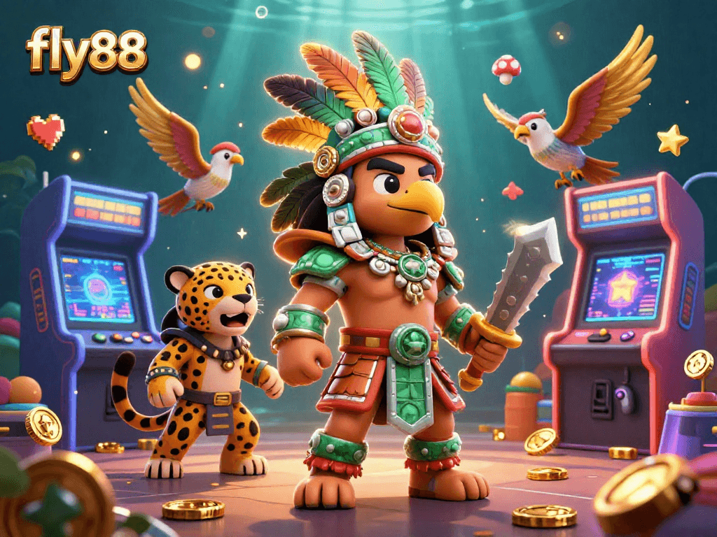Engage with the vibrant gaming world of fly88, featuring Aztec warrior characters, colorful casino elements, and glowing arcade machines.