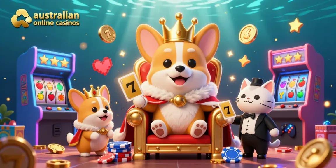 Experience the charm of australian online casinos with a royal corgi surrounded by vibrant gaming elements.
