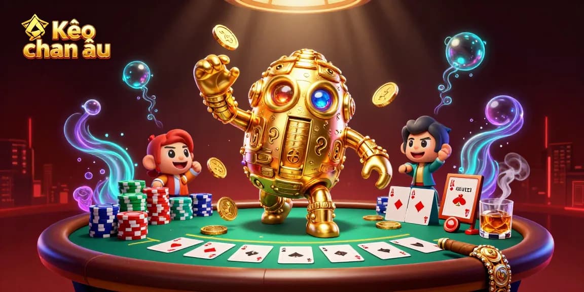 Engage with Kèo châu âu in a vibrant 3D casino scene showcasing golden golem, poker elements, and dynamic lighting.