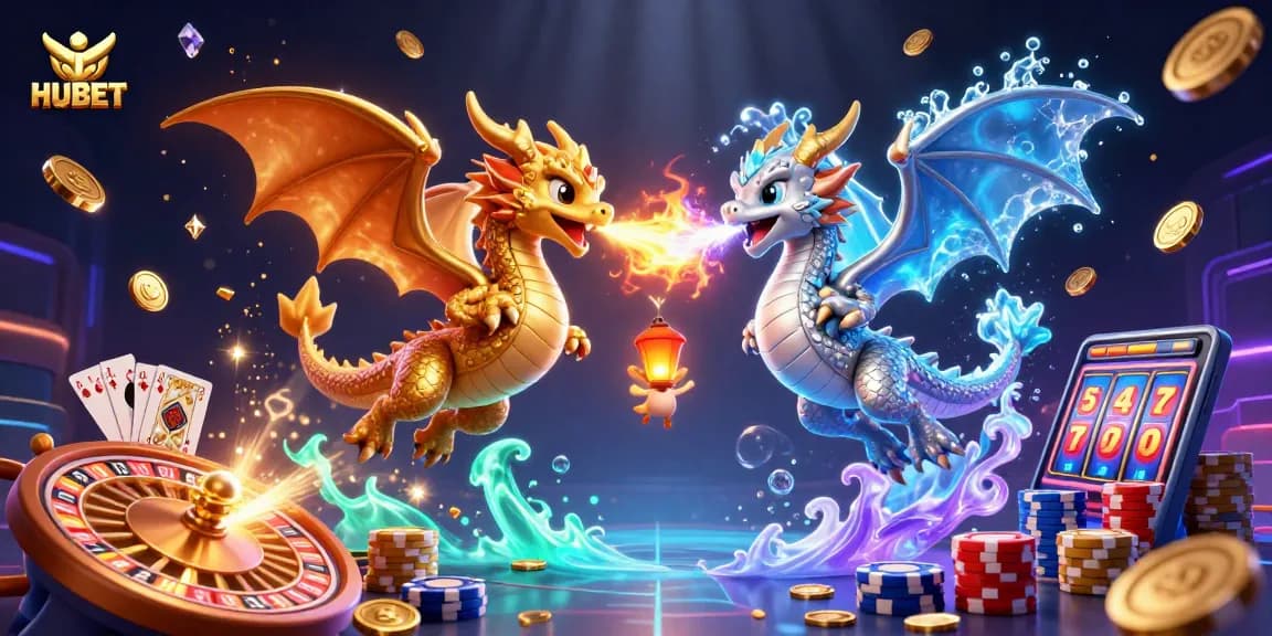 Spin the reels at HUBET with vibrant dragons and golden coins in a dynamic gambling scene.