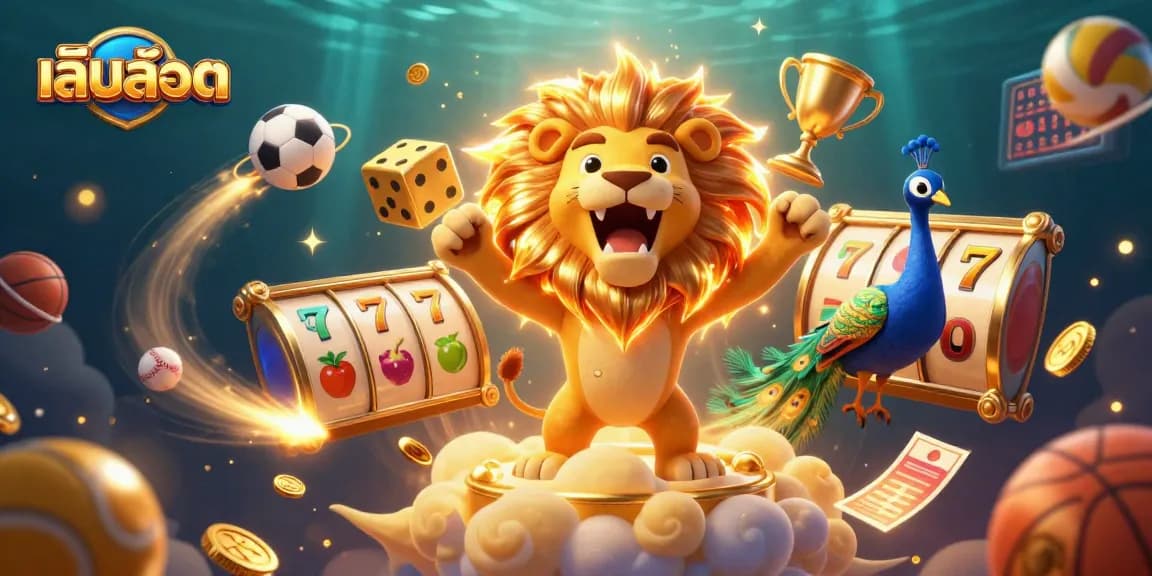 เล่นสล็อต a vibrant scene featuring a sun lion, golden dice, and slot elements for dynamic gameplay illustration.